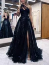 A-line One Shoulder Tulle Glitter Sweep Train Prom Dresses With Flower(s) #Favs020114032