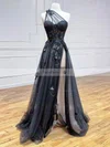 A-line One Shoulder Tulle Glitter Sweep Train Prom Dresses With Flower(s) #Favs020114032