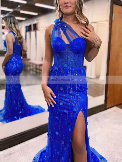 Sheath/Column One Shoulder Tulle Sweep Train Prom Dresses With Split Front #Favs020114033