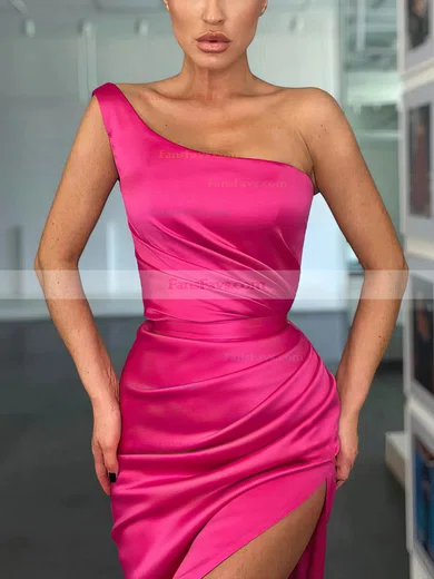 Sheath/Column One Shoulder Silk-like Satin Sweep Train Prom Dresses With Split Front #Favs020114035