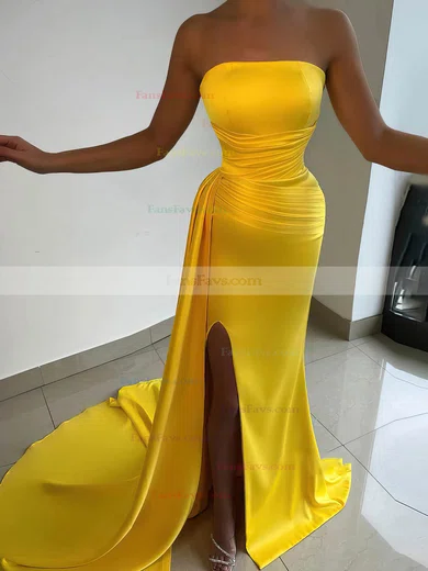 Sheath/Column Strapless Silk-like Satin Sweep Train Prom Dresses With Split Front #Favs020114037