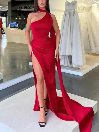 Sheath/Column High Neck Silk-like Satin Sweep Train Prom Dresses With Split Front #Favs020114040