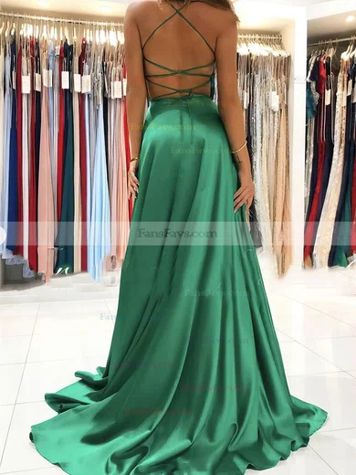 A-line V-neck Silk-like Satin Sweep Train Prom Dresses With Split Front #Favs020114046