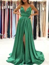 A-line V-neck Silk-like Satin Sweep Train Prom Dresses With Split Front #Favs020114046