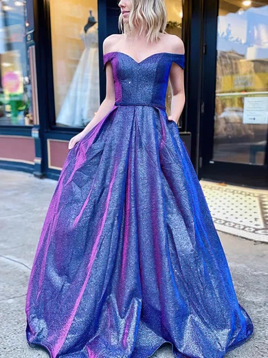 A-line Off-the-shoulder Glitter Sweep Train Prom Dresses With Pockets #Favs020114055