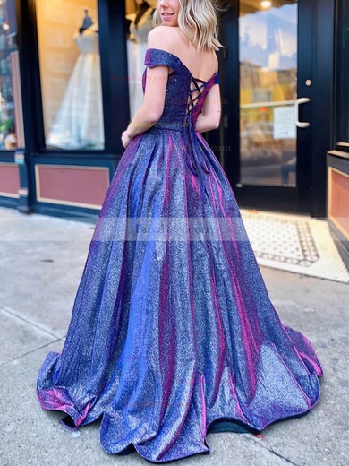 A-line Off-the-shoulder Glitter Sweep Train Prom Dresses With Pockets #Favs020114055