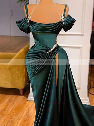 Sheath/Column Off-the-shoulder Satin Sweep Train Prom Dresses With Split Front #Favs020114057