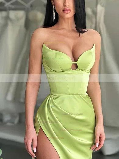 Sheath/Column V-neck Silk-like Satin Sweep Train Prom Dresses With Split Front #Favs020114078