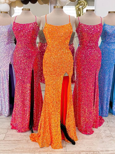 Sheath/Column Scoop Neck Sequined Sweep Train Prom Dresses With Split Front #Favs020114081