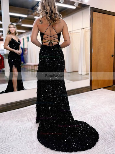 Sheath/Column V-neck Sequined Sweep Train Prom Dresses With Split Front #Favs020114088