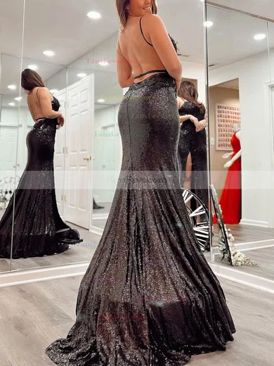 Sheath/Column V-neck Sequined Sweep Train Prom Dresses With Split Front #Favs020114094