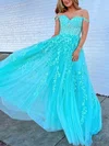 A-line Off-the-shoulder Tulle Sweep Train Prom Dresses With Appliques Lace #Favs020114098