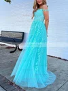 A-line Off-the-shoulder Tulle Sweep Train Prom Dresses With Appliques Lace #Favs020114098